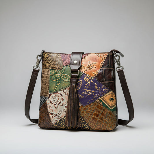 Ethnic style leather stitching ladies bag